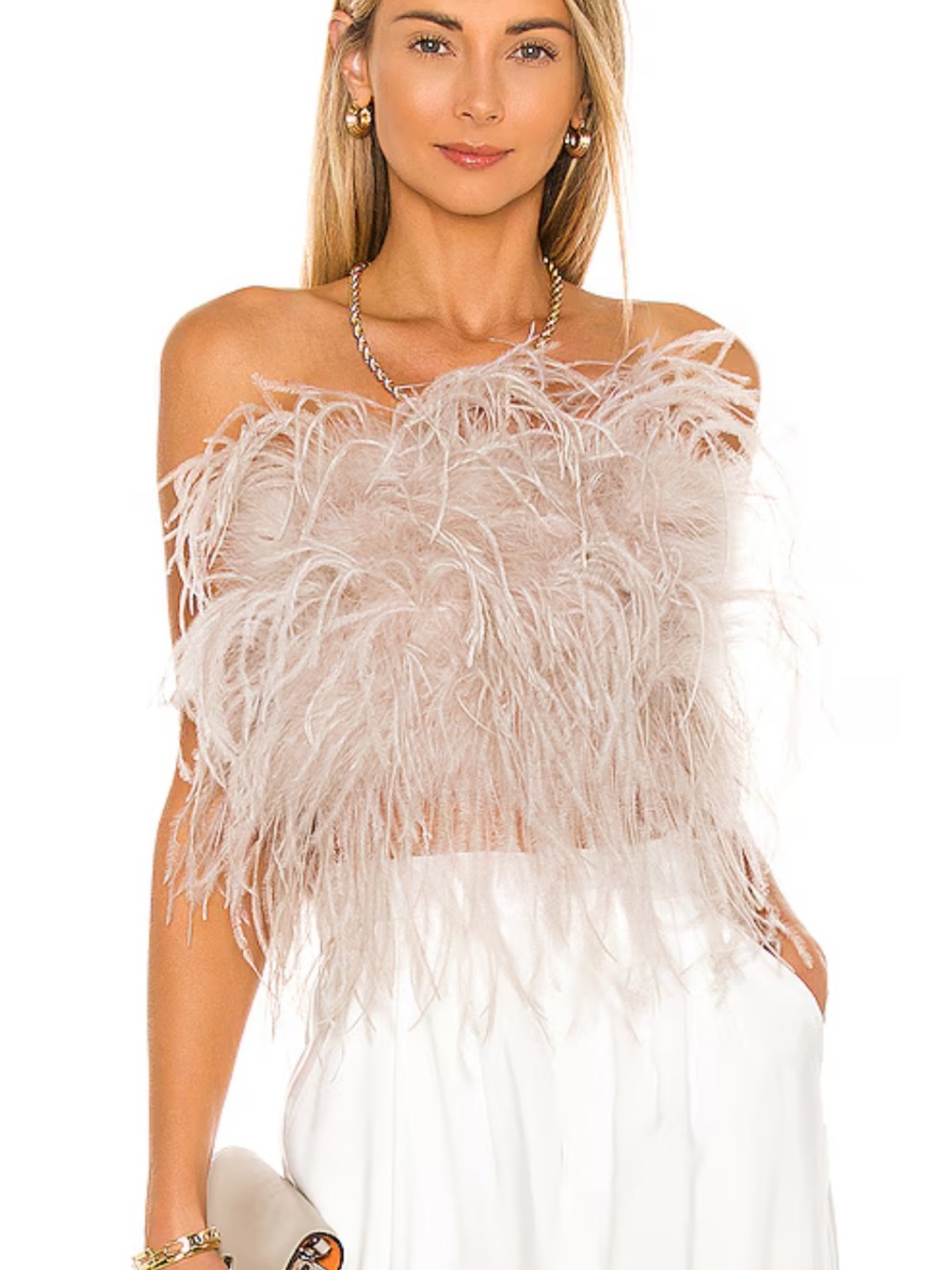 Lamarque Blush Feather-Trim Crop Top